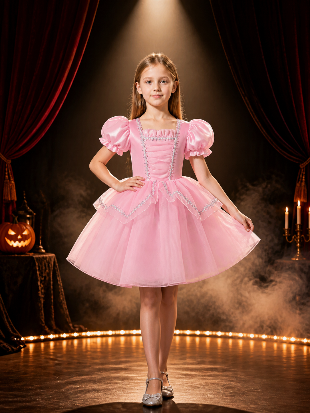 Toddler Girls' Pink Princess Dress Costume with Puff Sleeves and Layered Skirt Costume Dresses detail 3