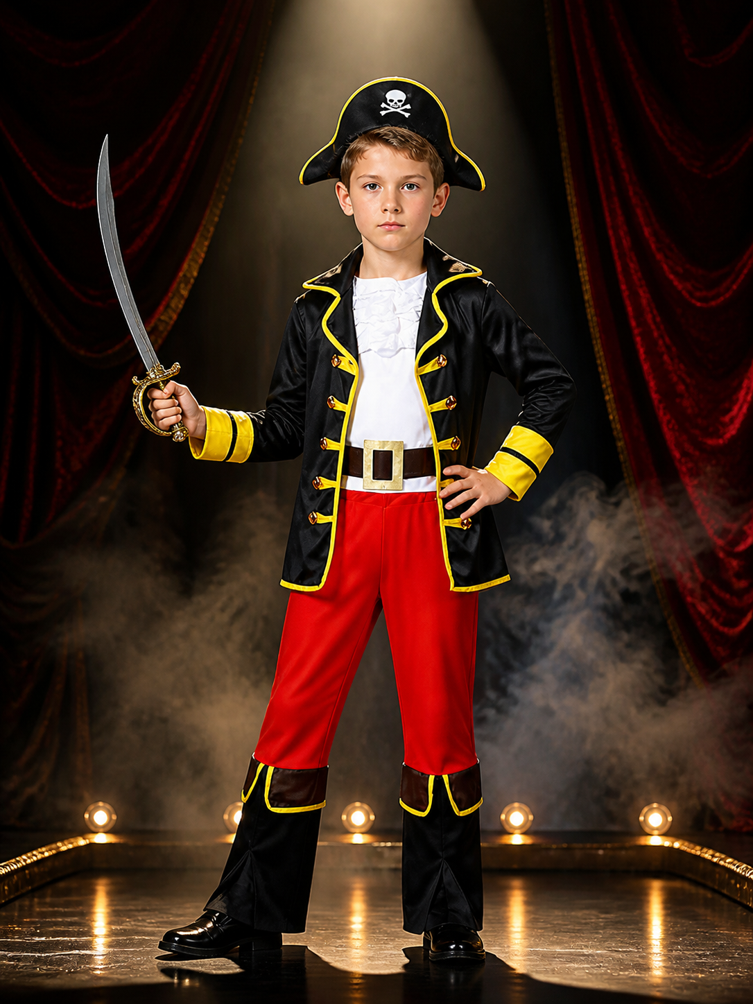 Kids Pirate Costume Set, Black and Red Jacket with Pants, Skull Print Halloween Costumes detail 3