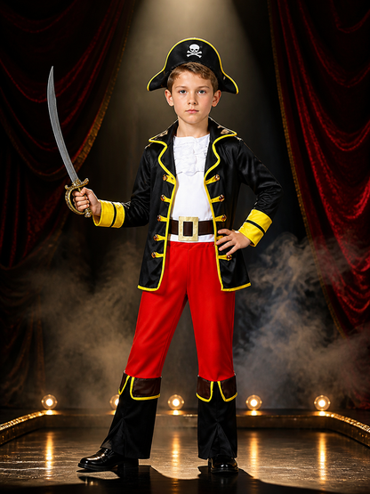 Kids Pirate Costume Set, Black and Red Jacket with Pants, Skull Print Halloween Costumes detail 3