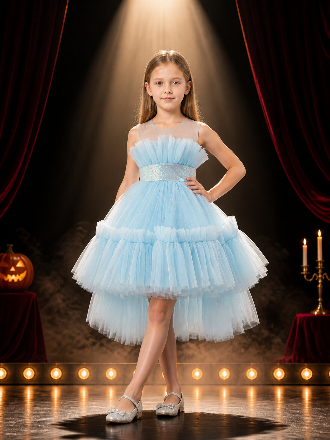 Girls' Light Blue Princess Dress, Layered Tulle Train Skirt With Sequined Costume Dresses detail 3
