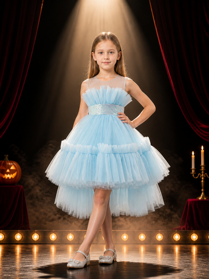 Girls' Light Blue Princess Dress, Layered Tulle Train Skirt With Sequined Costume Dresses detail 3