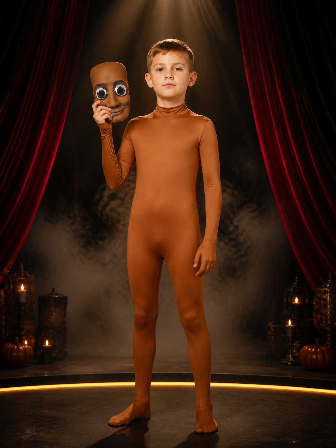 Brown Full Body Jumpsuit Costume with Face Mask, Long Sleeve Halloween Cosplay Costume Masks detail 3
