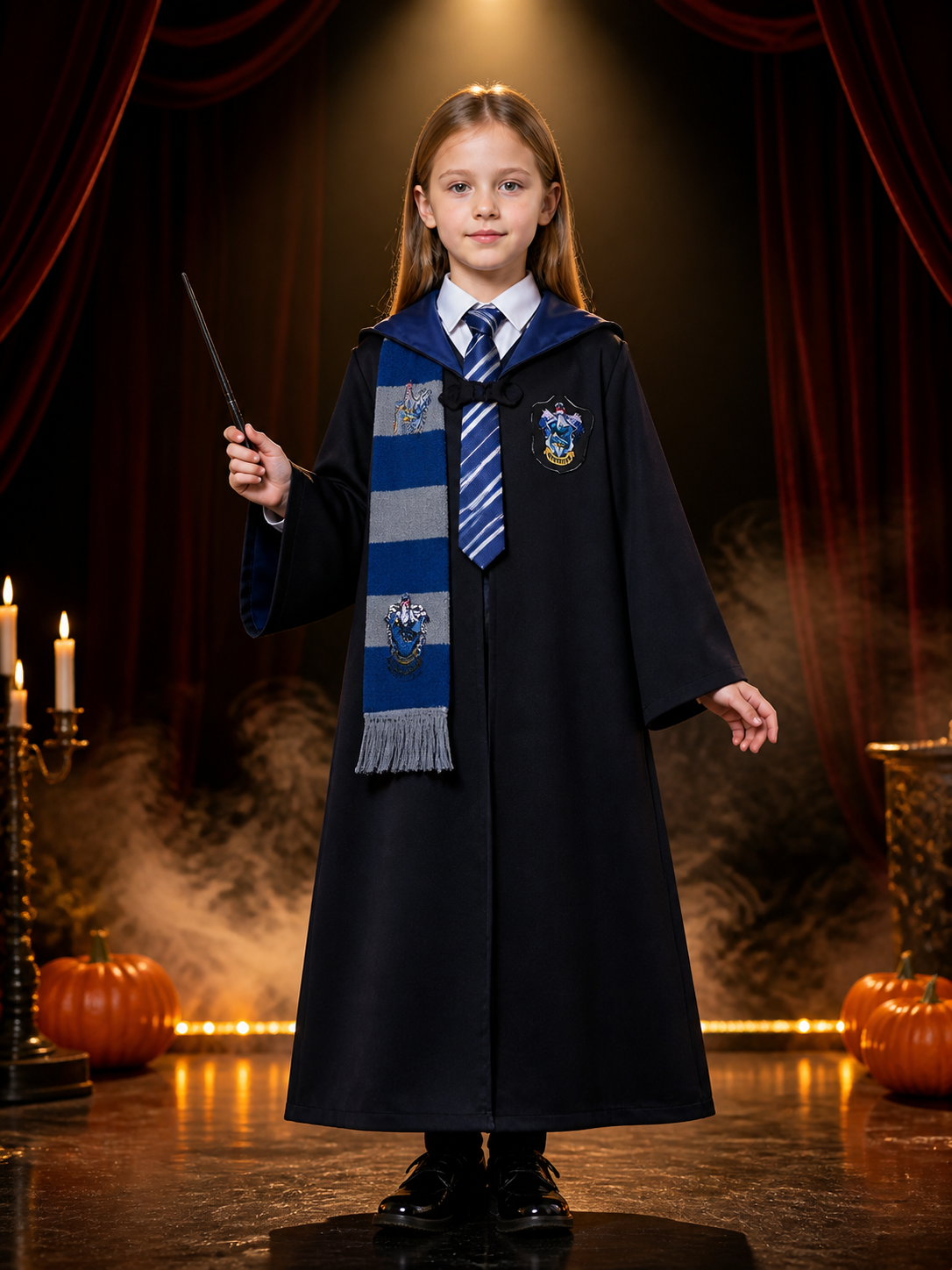 Wizard Robe Costume Set with Striped Scarf and Tie, Emblem Costumes detail 3