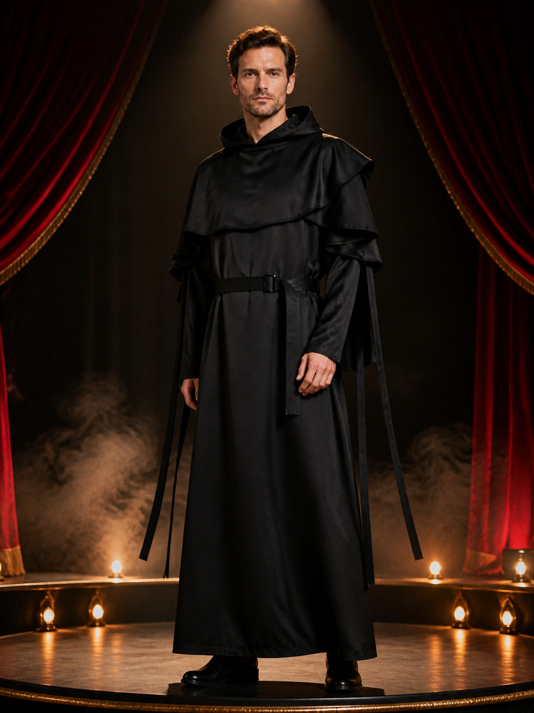 Black Hooded Wizard Robe Costume Set with Layered Shoulders and Belt Costumes detail 3