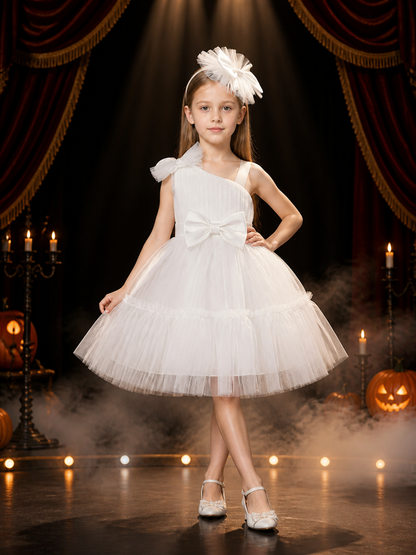 Girls' White Princess Dress Set, One-Shoulder Bow Tulle Party Outfit With Costume Dresses detail 3