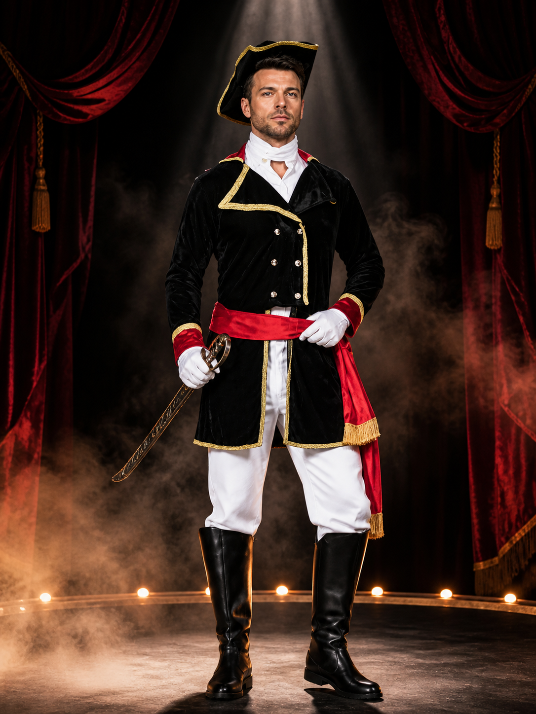 Adult Pirate Captain Halloween Costume Set With Hat, Coat, Tie, Gloves, Belt And Costume Headwear detail 3