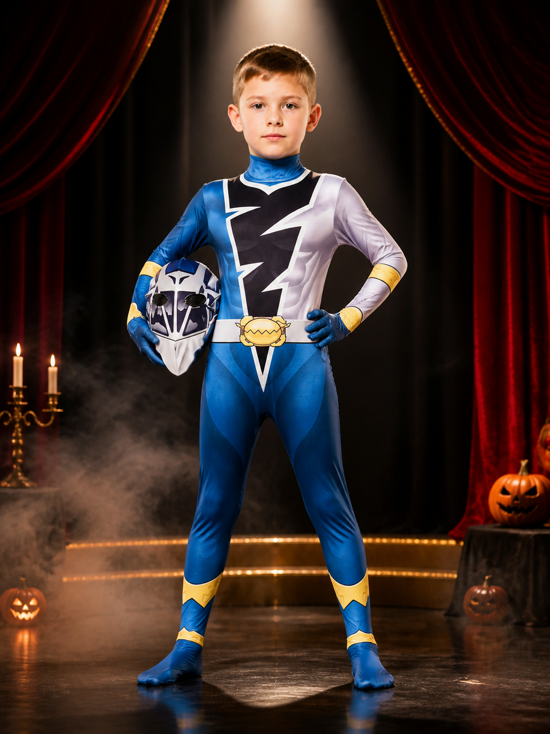Geometric Color Block Hooded Bodysuit Costume with Lightning Print on-model stage scene view