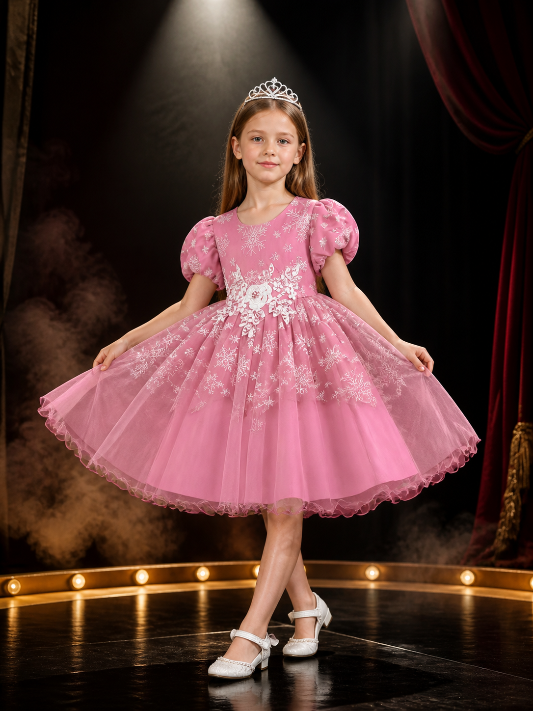 Girls' Snowflake Princess Dress, Puff Sleeves, Layered Tulle Skirt Costume Dresses detail 3