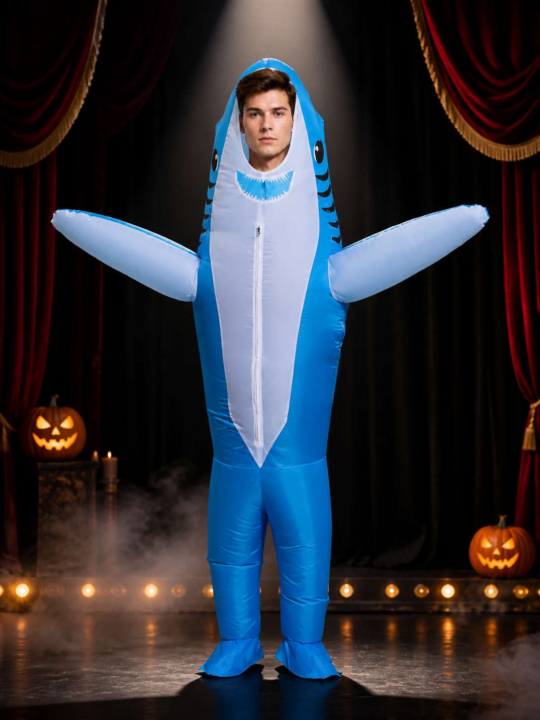 Adult Shark Inflatable Costume, Blue White Fins Bodysuit Halloween Party Outfit Costumes detail 3