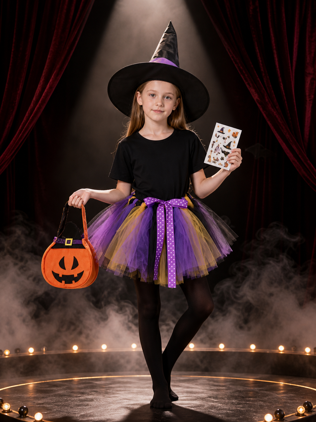 Girls' Witch Costume Set, Layered Tutu Skirt With Hat, Candy Bag, Tights & Costume Headwear detail 3