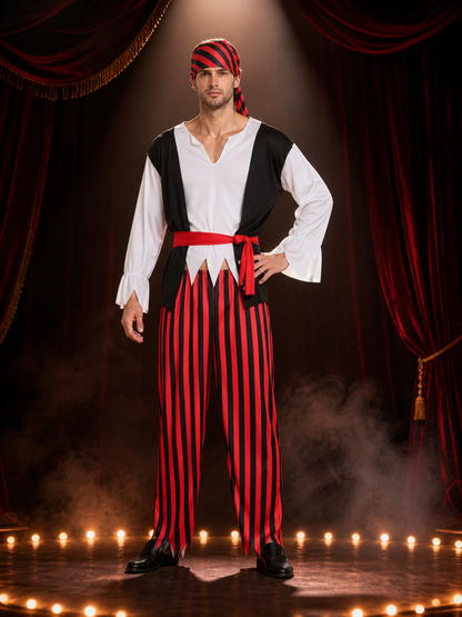 Adult Pirate Captain Halloween Costume Set with Striped Top, Pants, Headscarf Costumes detail 3