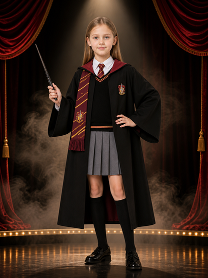 Kids Wizard Robe Costume Set, Hooded Cloak With Tie, Scarf, Wand, Shirt, Skirt Costume Capes detail 3