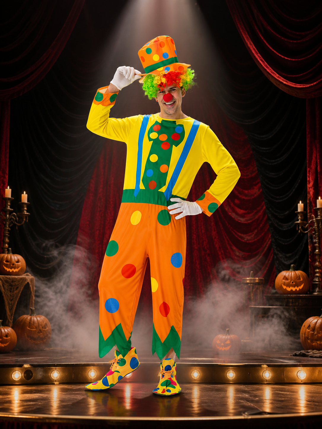 Unisex Clown Jumpsuit Costume with Polka Dot Print and Matching Hat Costume Headwear detail 3