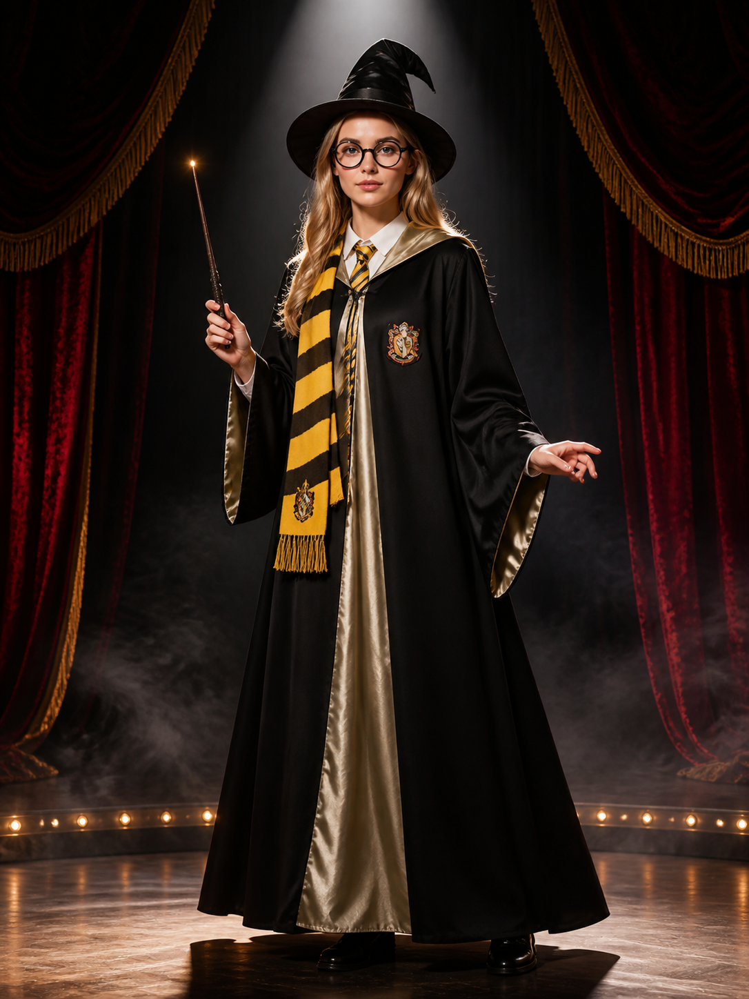 Black Wizard Robe Costume Set With Pointed Hat, Wand, Glasses, Tie And Scarf Costume Headwear detail 3