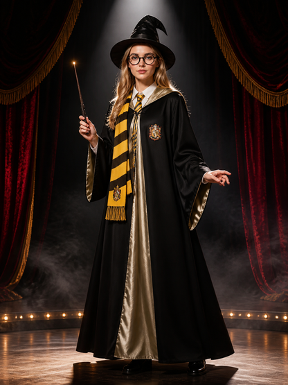 Black Wizard Robe Costume Set With Pointed Hat, Wand, Glasses, Tie And Scarf Costume Headwear detail 3