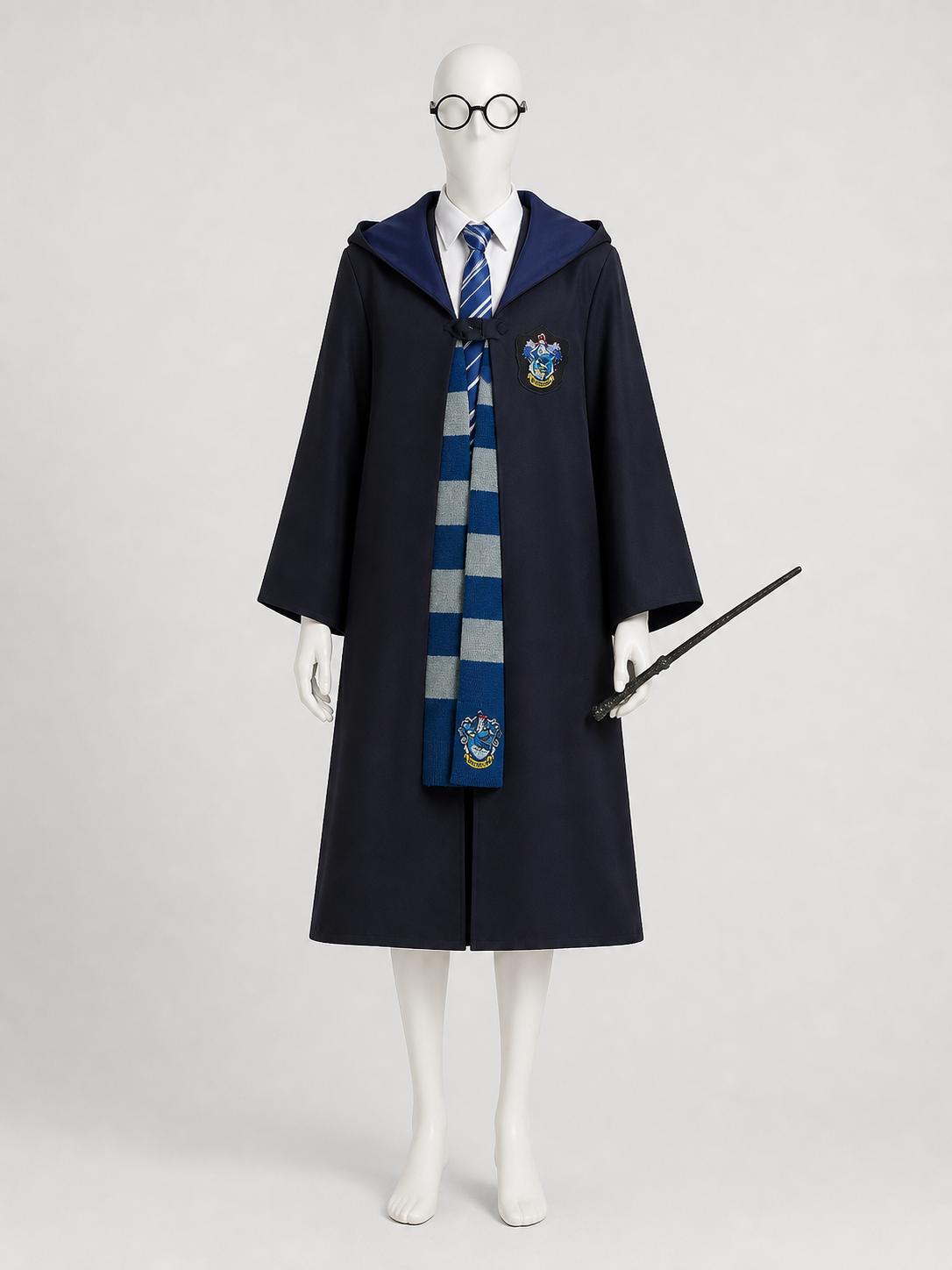 Ravenclaw Wizard Costume Set, Hooded Robe with Scarf, Tie, Glasses and Wand Costume Accessories detail 3