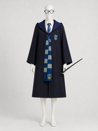 Ravenclaw Wizard Costume Set, Hooded Robe with Scarf, Tie, Glasses and Wand Costume Accessories detail 3