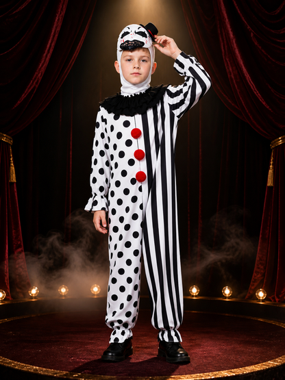 Clown Jumpsuit Costume Set with Mask and Hat, Polka Dot Striped Halloween Outfit Costume Masks detail 2