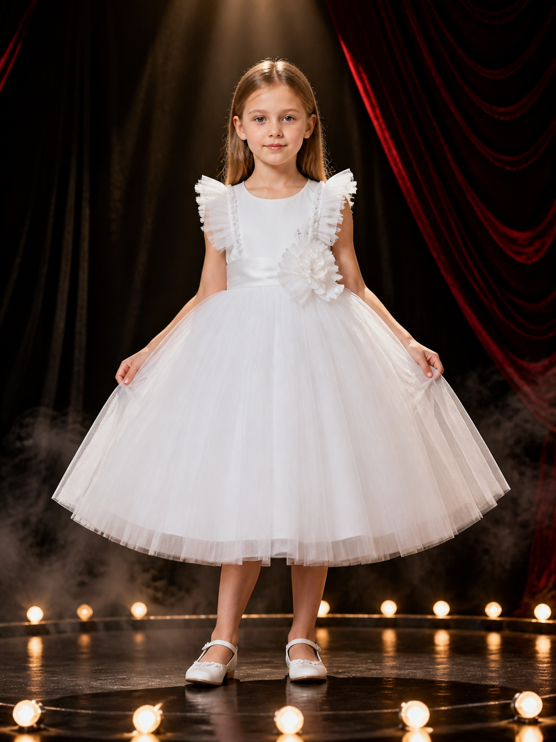 Girls' White Princess Formal Dress with Layered Tulle Skirt and Sequin Beaded Costume Dresses detail 3