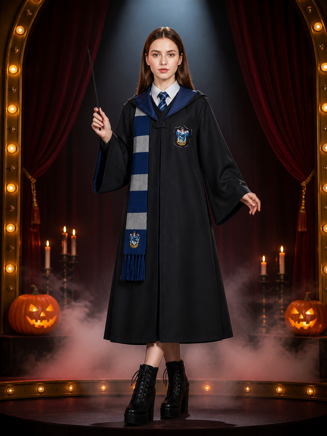 Academy-Themed Wizard Robe Costume Set With Hooded Cloak, Tie And Scarf Costume Capes detail 3