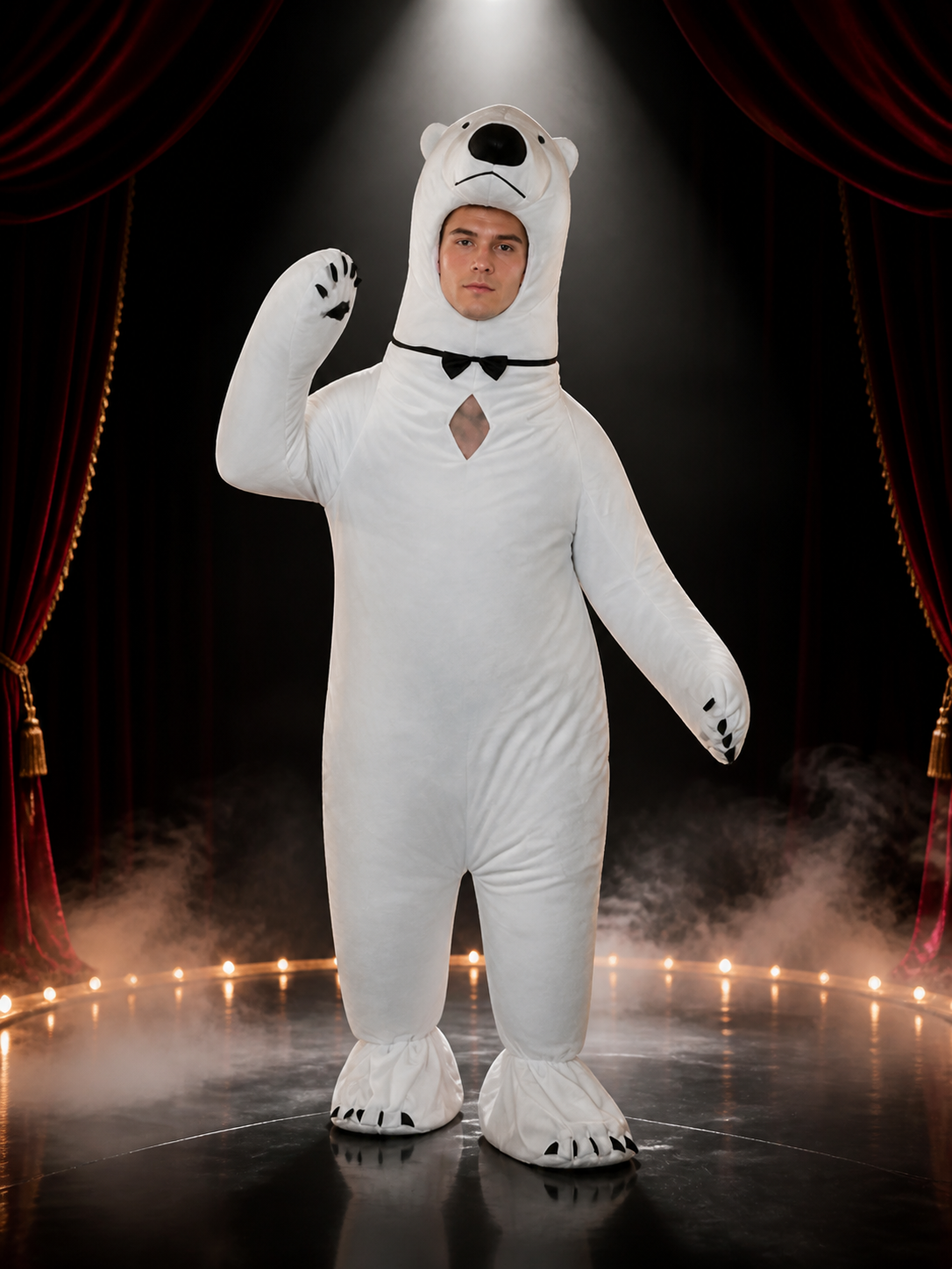 Adult Polar Bear Costume, White Animal Onesie with Black Bow Tie, Halloween Costume Accessories detail 3