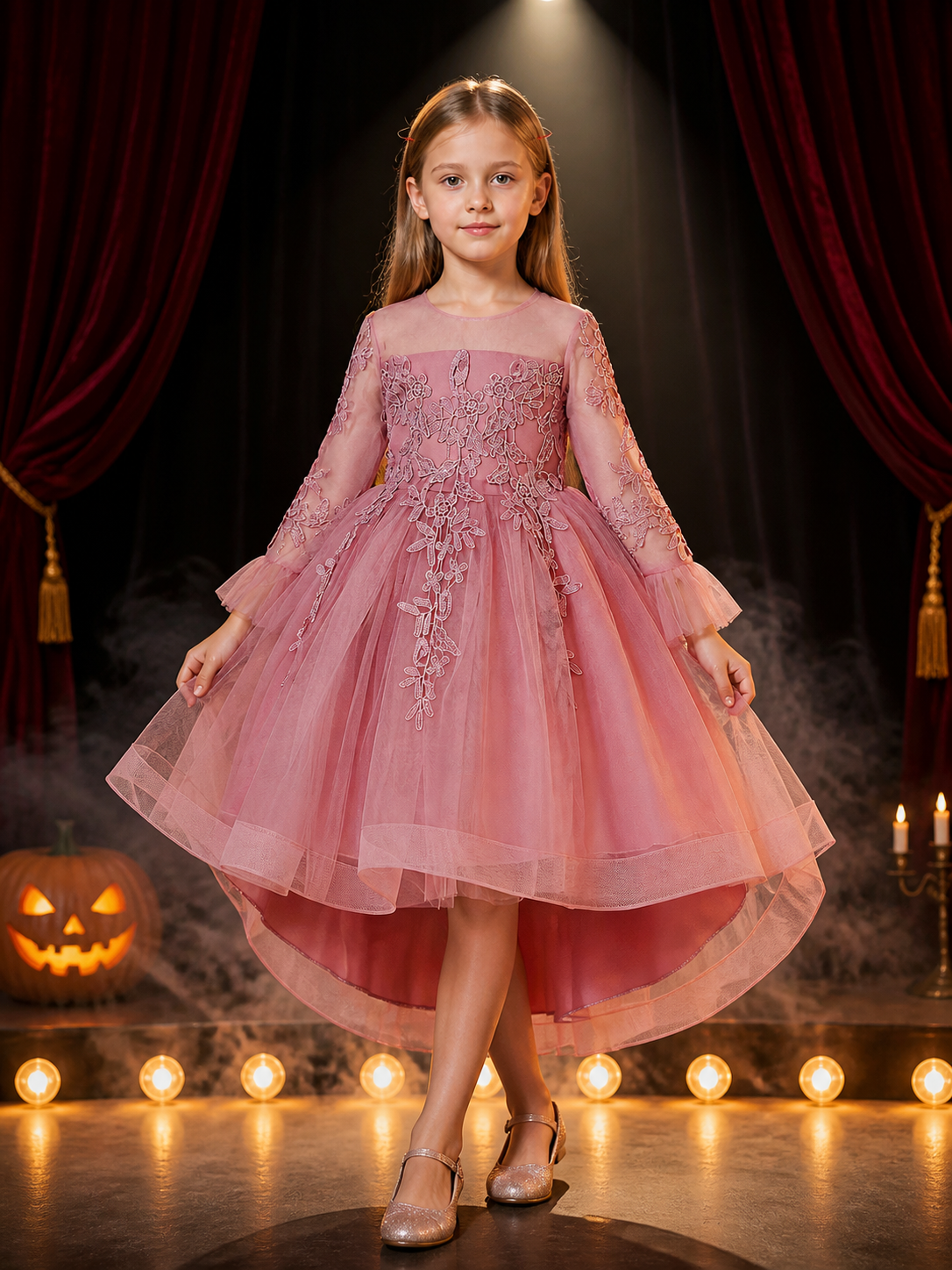 Girls' Princess Formal Dress, Long Sleeve Floral Embroidered Layered Tulle Skirt Costume Dresses detail 3