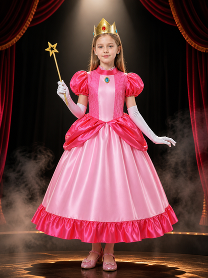 Girls Princess Costume Set with Crown and Wand, Pink Lace Ball Gown for Costume Dresses detail 3