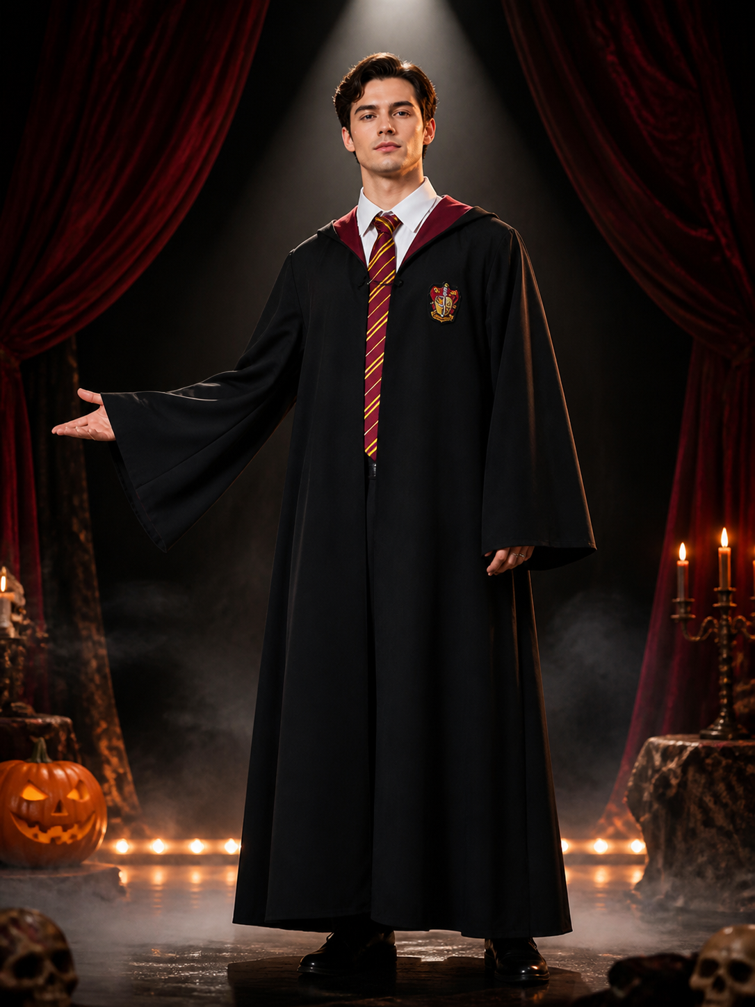 Black Wizard Robe Costume Set with Red-Yellow Striped Tie, Long Sleeve Halloween Costumes detail 3