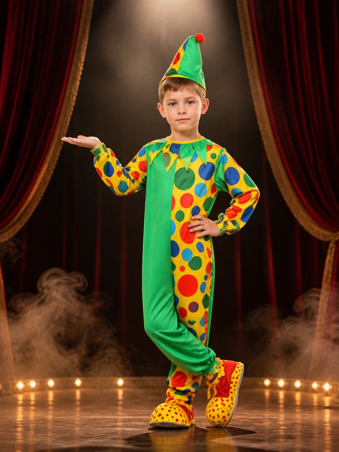 Kids' Clown Bodysuit Costume Set with Pointed Hat, Multicolor Polka Dot Design Costume Headwear detail 3