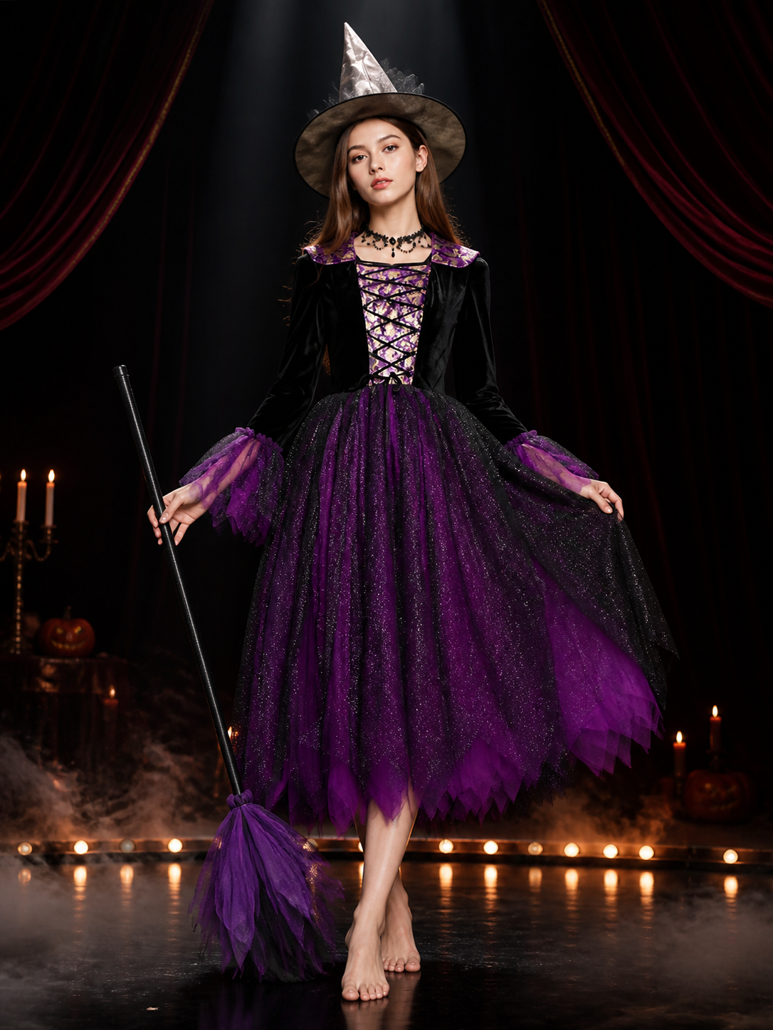 Adult and Kids Witch Costume Dress With Sparkling Purple-Black Fluffy Skirt Costume Dresses detail 3