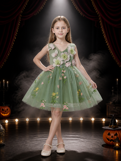 Toddler Girls' Princess Dress, Sleeveless Green Tulle Puff Skirt With Floral