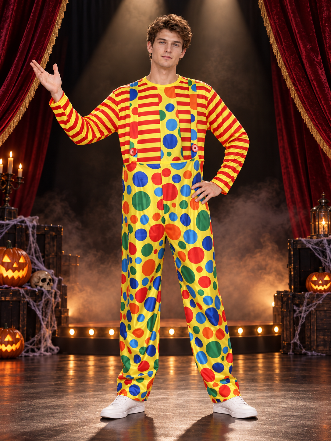 Adult Clown Costume Yellow with Polka Dots and Striped Sleeves