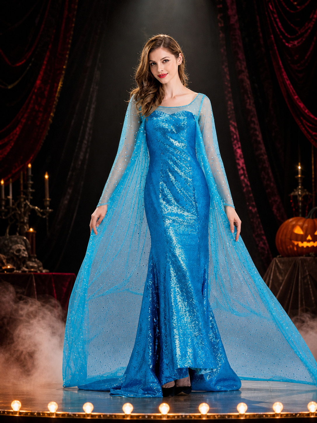 Women's Blue Sequined Princess Gown Halloween Costume with Flowing Side Panels Costume Dresses detail 3