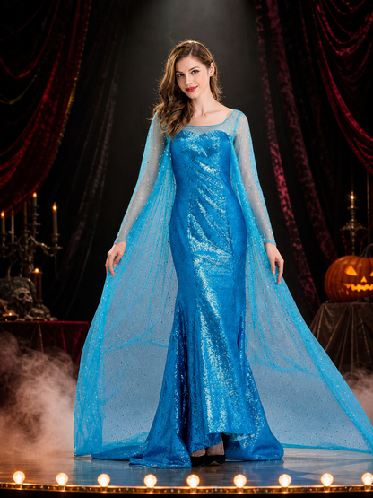 Women's Blue Sequined Princess Gown Halloween Costume with Flowing Side Panels Costume Dresses detail 3