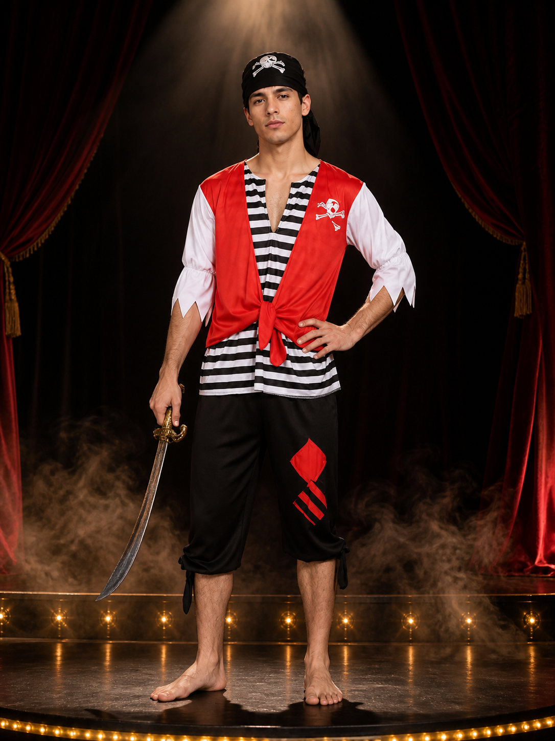 Adult Pirate Halloween Costume Set, Lace-Up Red Vest Top, Black/White Striped Costumes detail 3