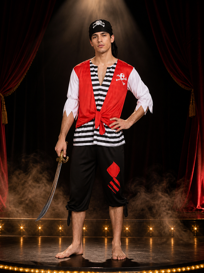 Adult Pirate Halloween Costume Set, Lace-Up Red Vest Top, Black/White Striped Costumes detail 3