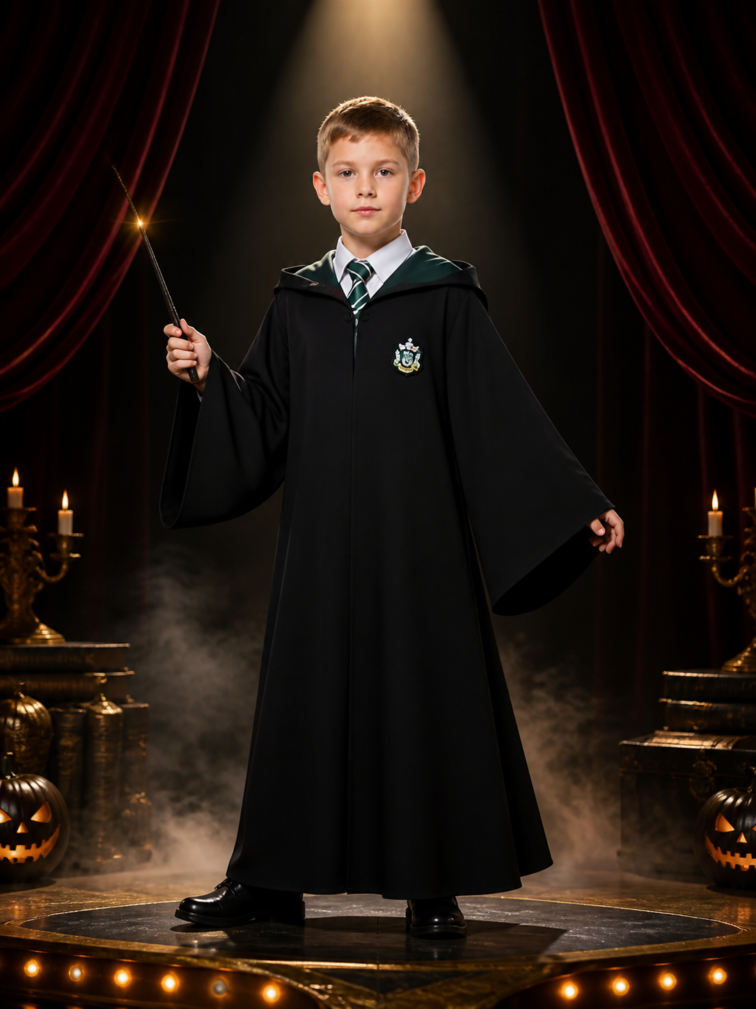 Kids Wizard School Costume, Long Black Robe with Green Trim and Badge Costumes detail 3