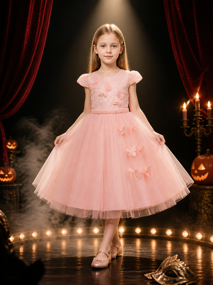Baby Girls' Pink Princess Formal Dress, Short Sleeves, Layered Tulle Skirt, Bow Costume Dresses detail 3