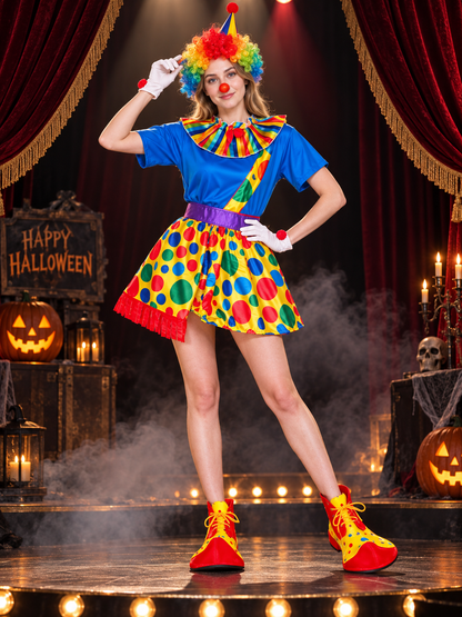 Clown Costume with Colorful Skirt, Rainbow Collar, and Belt