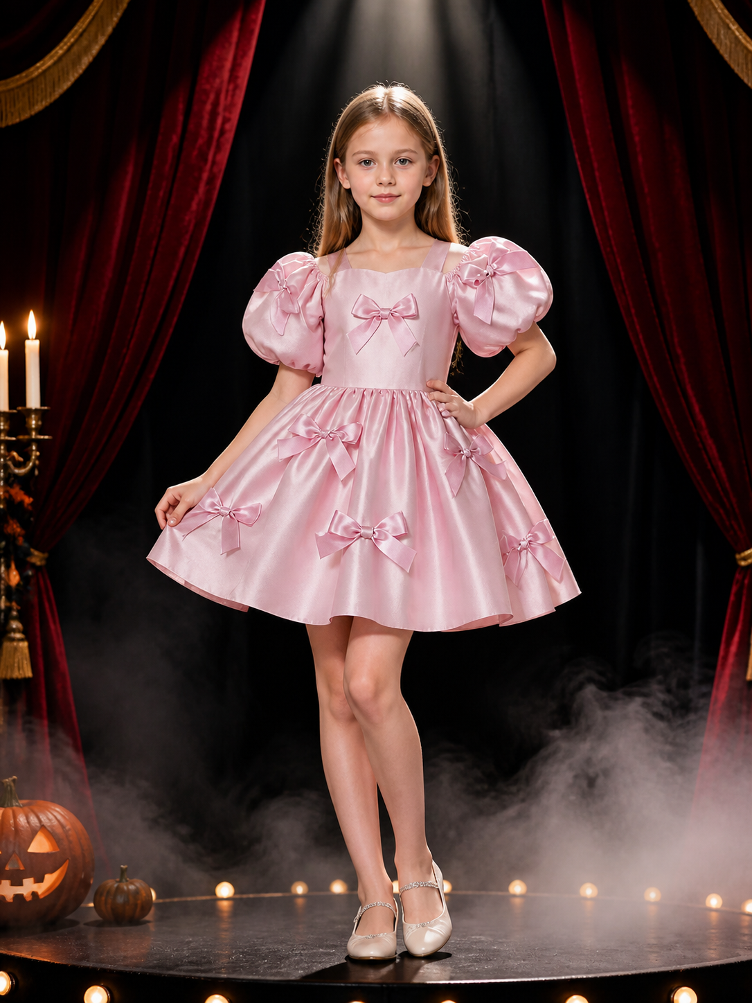Toddler Girls' Pink Princess Party Dress with Puff Sleeves and Bow Decorations Costume Dresses detail 3