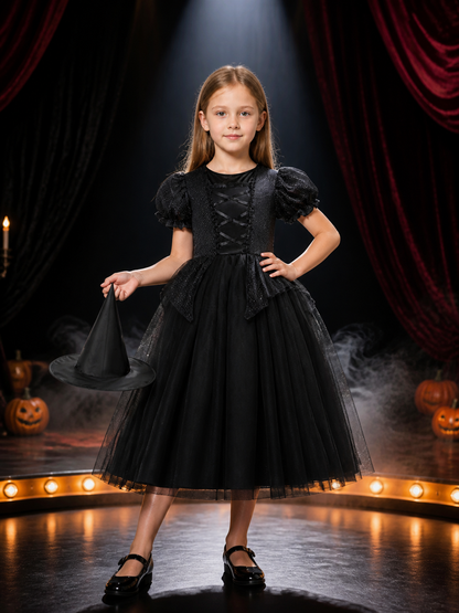 Kids Black Witch Dress with Hat Halloween Costume Set for Girls