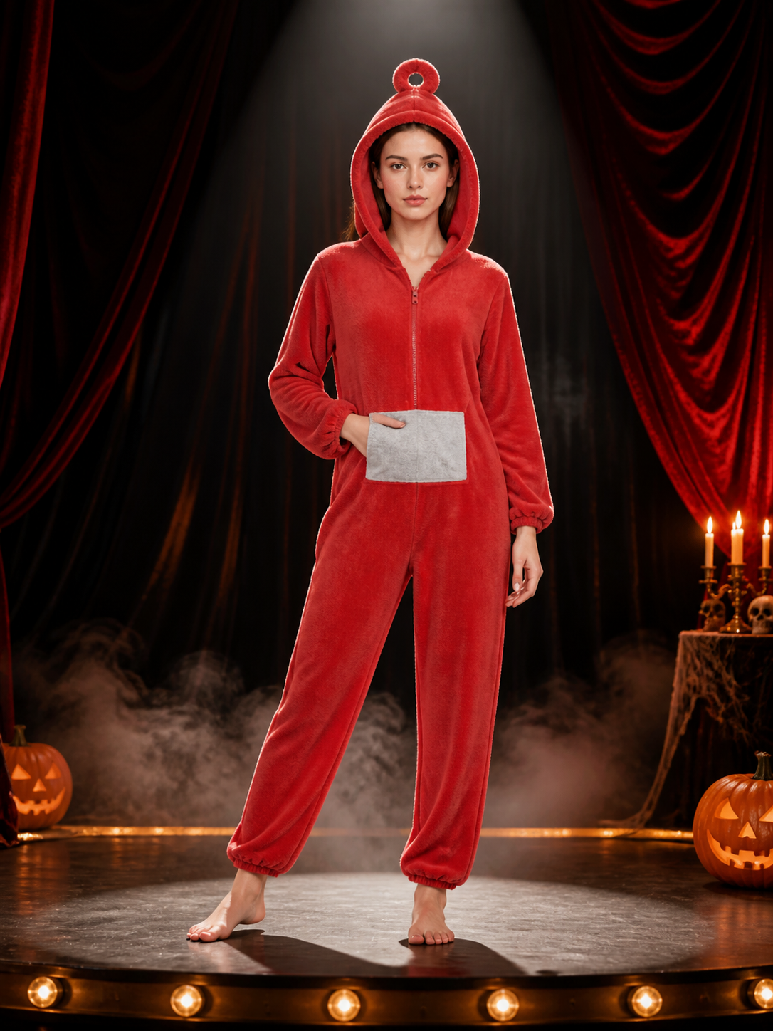 Adult Red Antenna Hooded Jumpsuit Costume with Gray Belly Patch, Funny Halloween Costumes detail 3