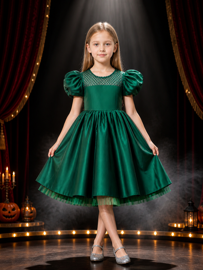 Girls' Dark Green Princess Dress with Puff Sleeves and Tulle Hem Costume Dresses detail 3