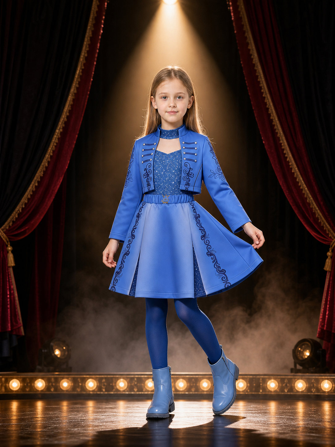 Girls' Blue Princess Costume Set with Sequined Vest, Jacket with Silver Trim Costumes detail 3