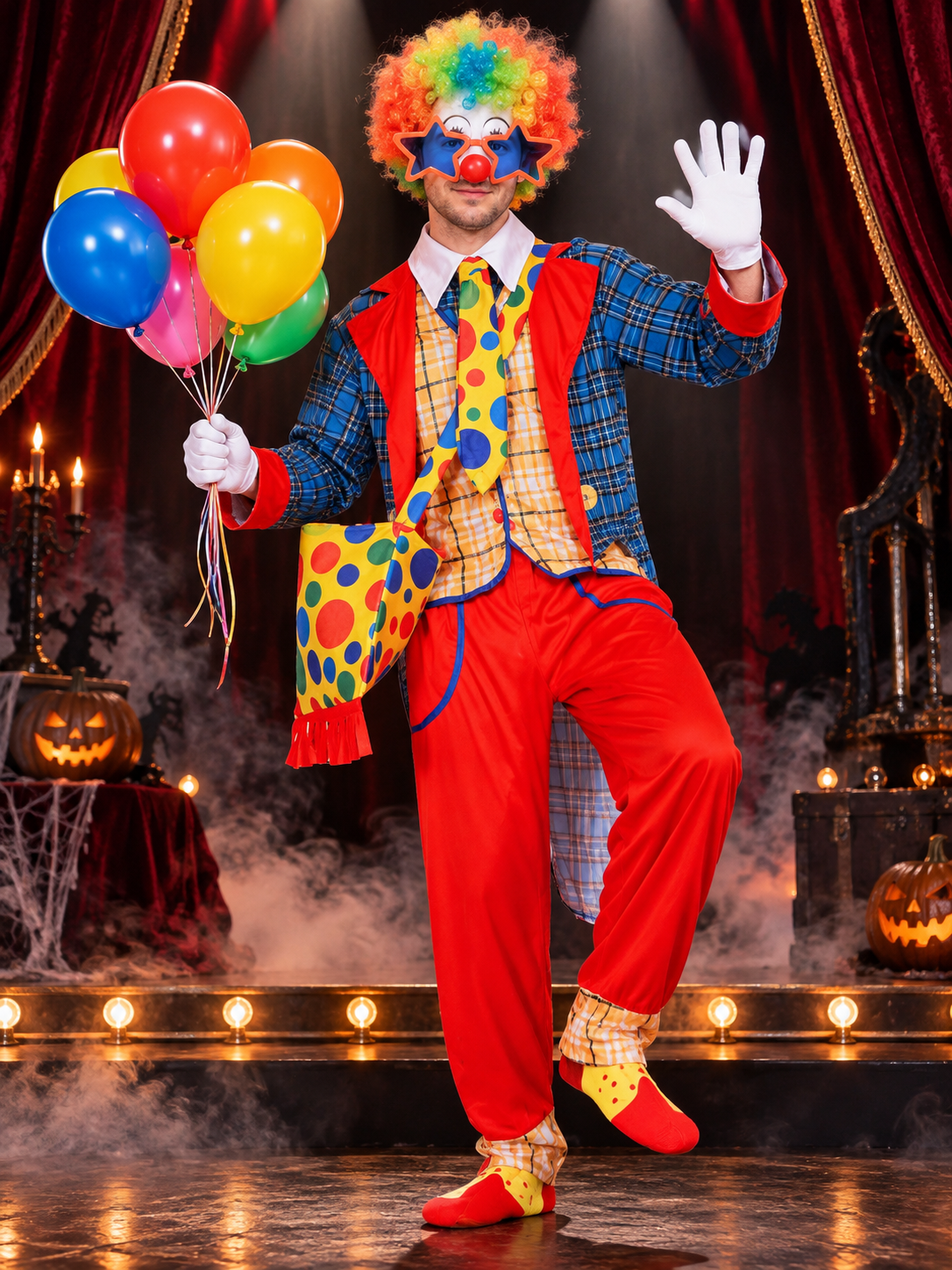 Bright Clown Costume with Wig, Clown Nose, and Gloves