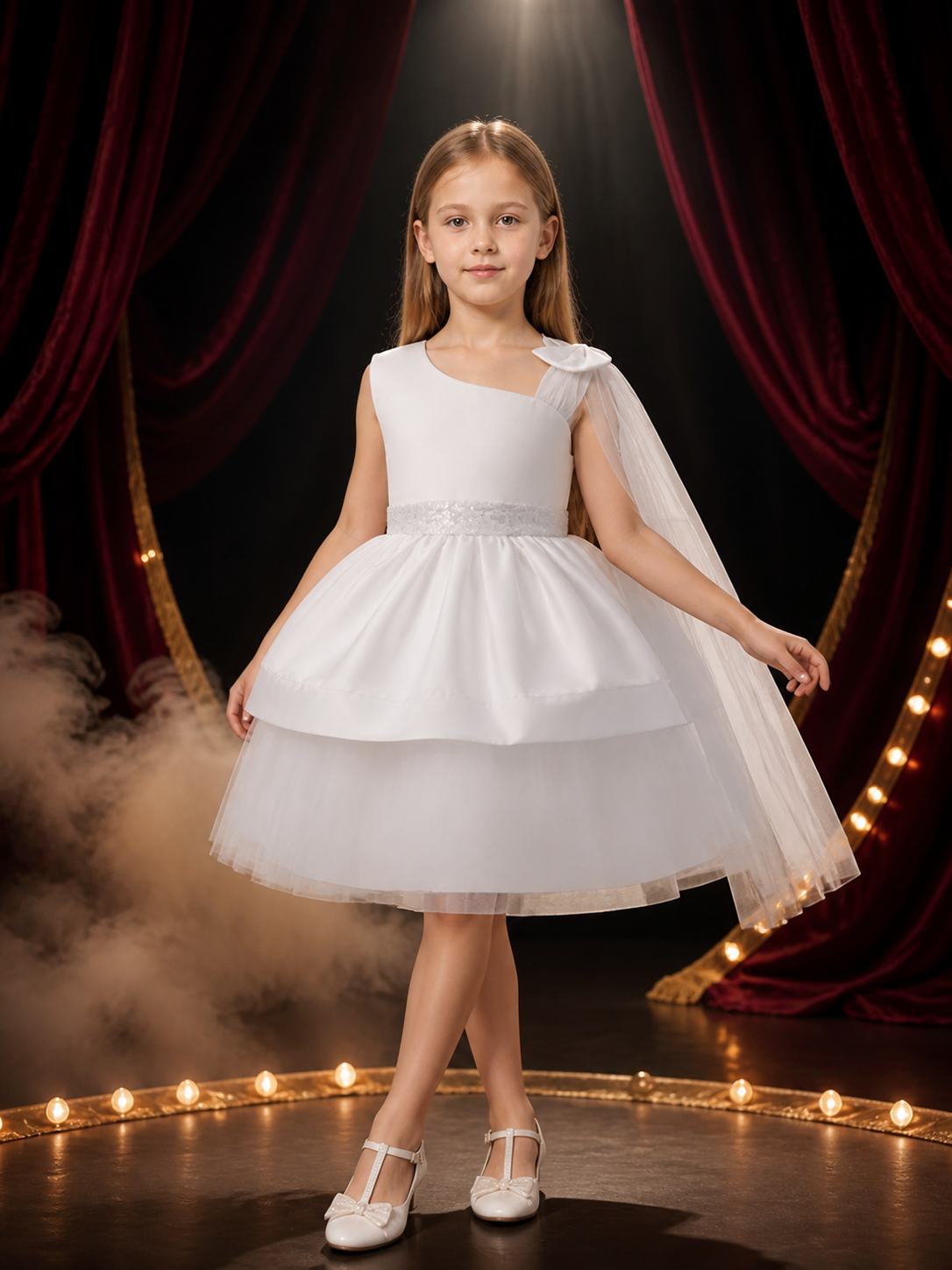 Toddler Girls' White Princess Party Dress, Sequined Bow One-Shoulder Layered Costume Dresses detail 3