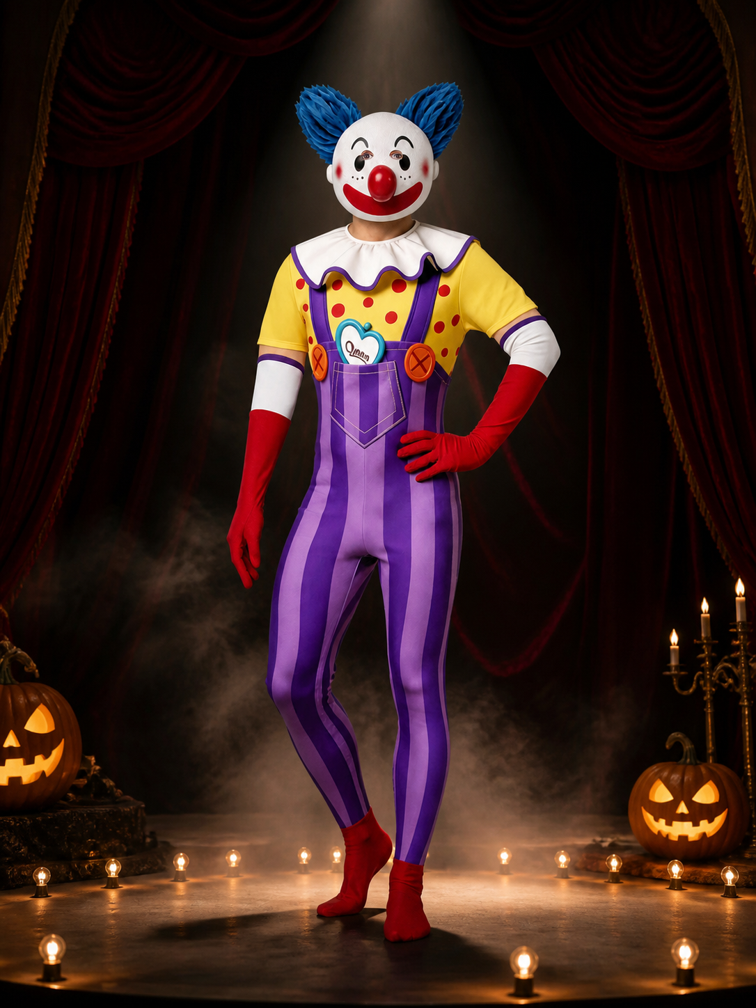 Clown Jumpsuit Costume With Purple Striped Overalls & White Ruffled Collar on-model stage scene view