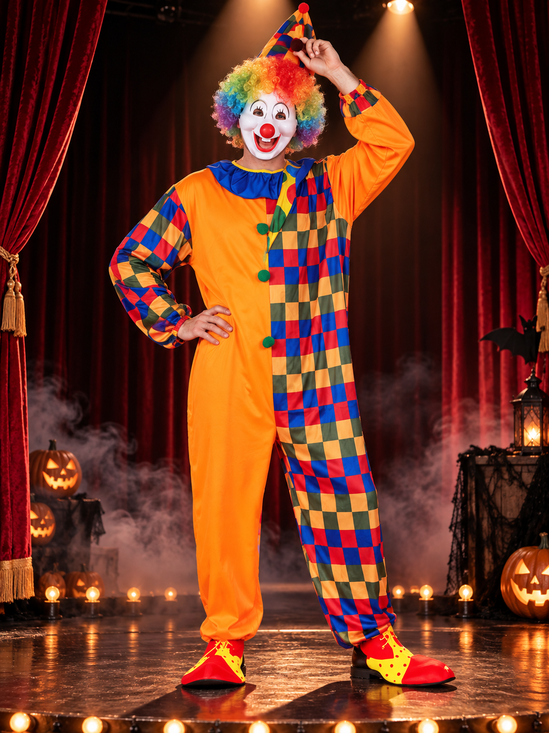 Adult Clown Costume: Jumpsuit, Wig, Mask, Hat