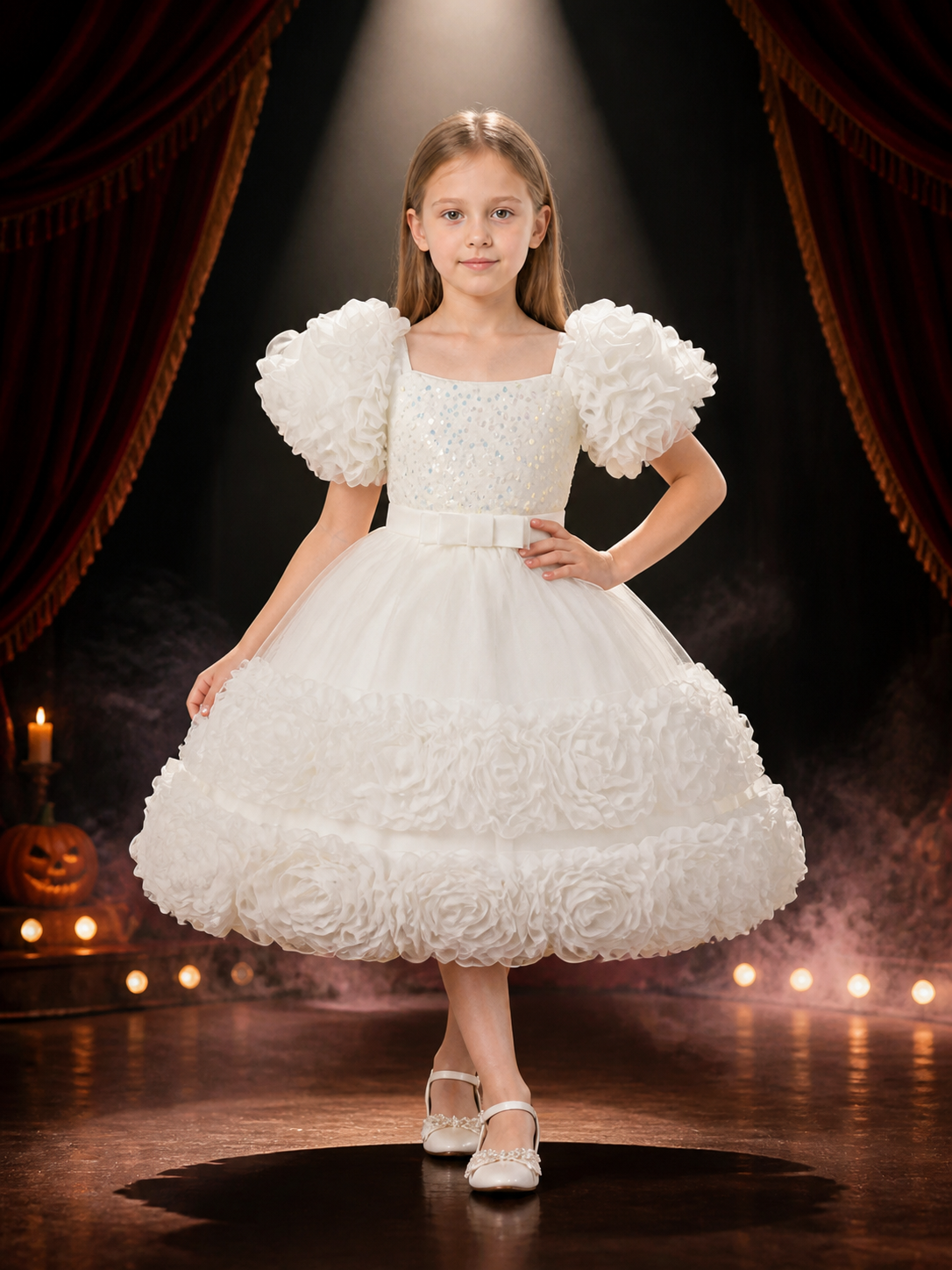 Toddler Girls' White Sequined Princess Dress with Ruffled Skirt and Bow Costume Dresses detail 3