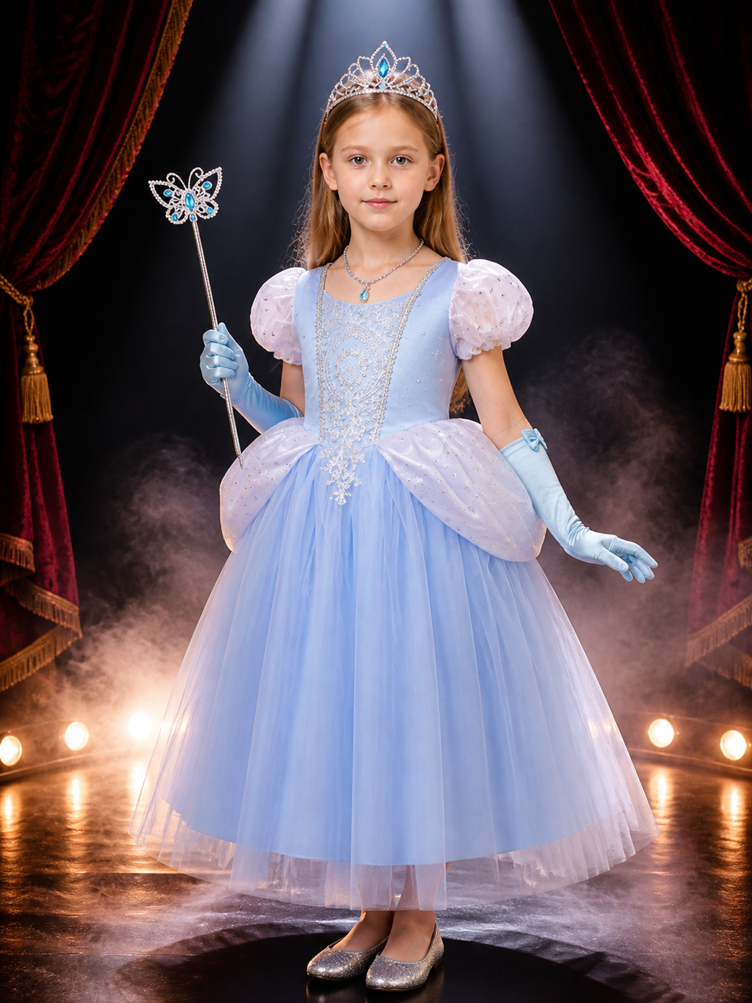 Girls Cinderella Princess Dress Costume, Layered Tulle Ball Gown with Crown Wand Costume Dresses detail 3